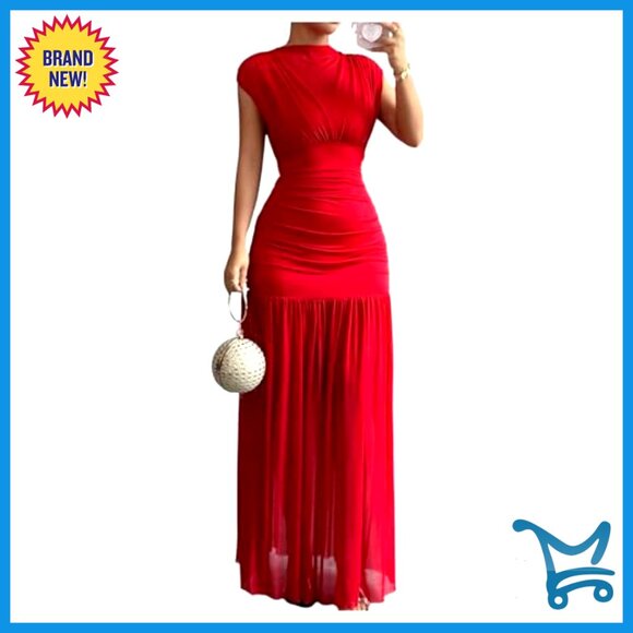 Mesh Bodycon Maxi Dress Mock Neck Cap Sleeve Elegant Cocktail Party Wear - Picture 2 of 5